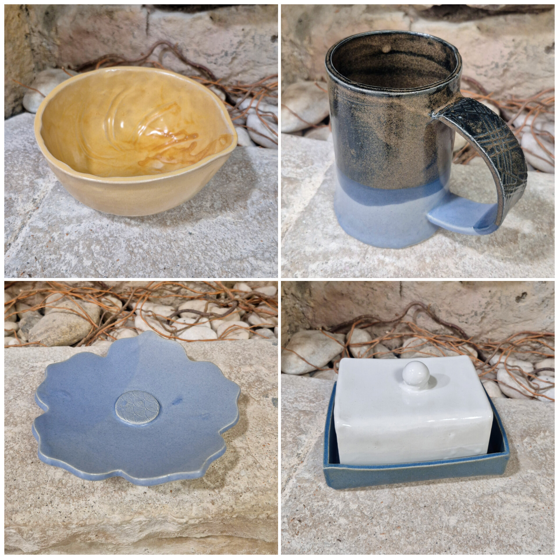 Différentes créations réalisées par des débutants lors d'un premier atelier de poterie à Grenoble